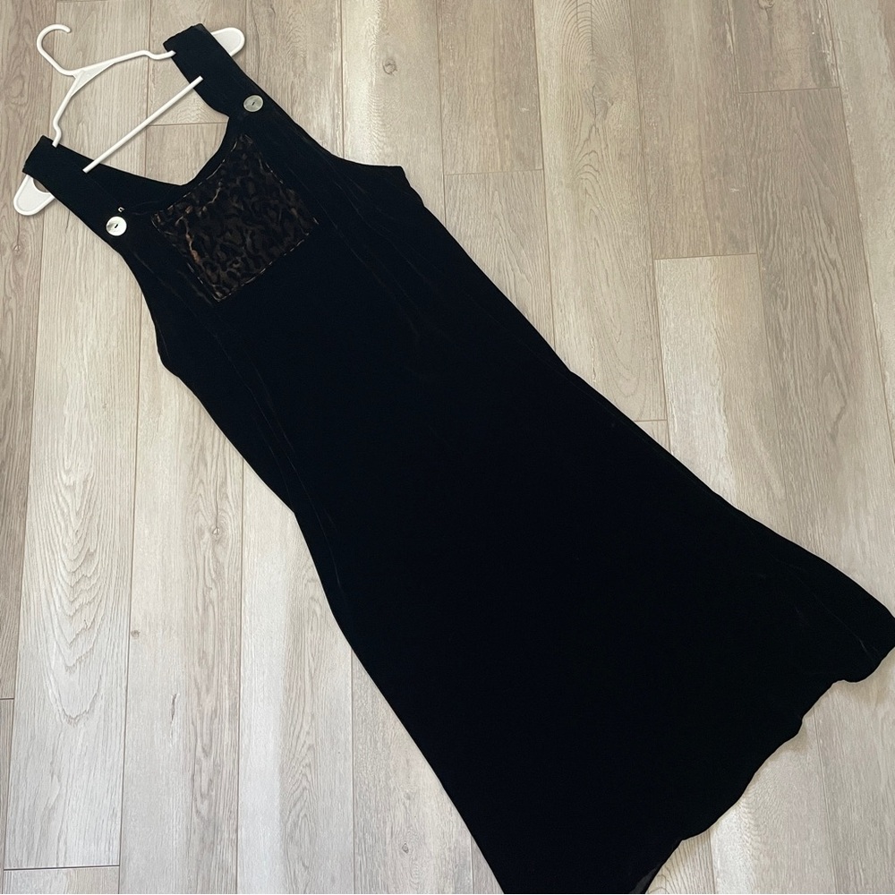 Jenny Helene Dress velvet overall leaopard print midi womens Black (large) vtg